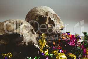 Close up of skull with colorful wrapped chocolates
