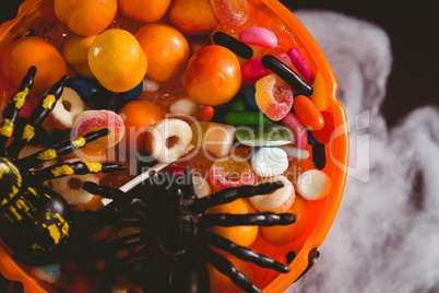 Overhead view of bucket with food and decoration