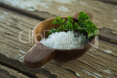 Salt and coriander leaves in bowl