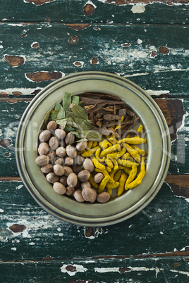 Various spices arranged in plate