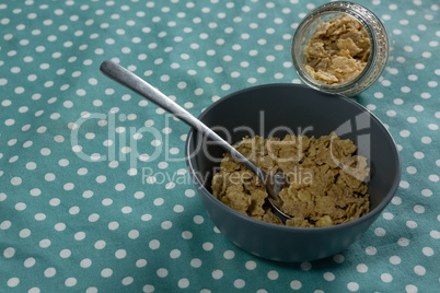 Bowl of wheat flakes with spoon