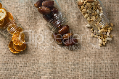 Various dried fruits on textile background