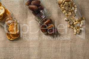Various dried fruits on textile background
