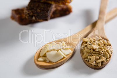 Cereal bars with cereals in spoon ready for breakfast