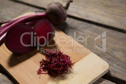 Chopped beetroot on chopping board