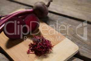 Chopped beetroot on chopping board