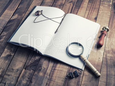 Book, magnifier, stamp, clock