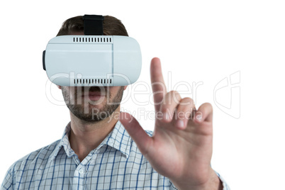 Man gesturing while using virtual reality headset