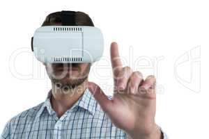 Man gesturing while using virtual reality headset