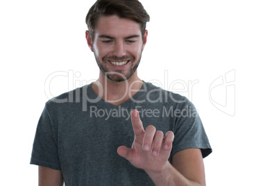 Man pretending to touch an invisible screen