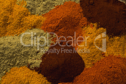 Close-up of spices powder arranged