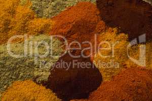 Close-up of spices powder arranged