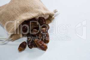 Burlap sack with palm dates spilling out over a white background