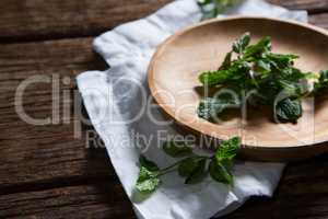 Fresh mint leaves in wooden plate