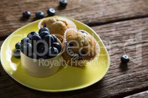 Blueberries and muffins on plate