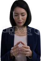Businesswoman pretending to hold invisible object