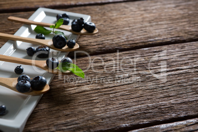 Blueberries with mint in wooden spoon arranged on tray