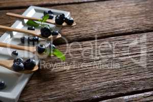 Blueberries with mint in wooden spoon arranged on tray