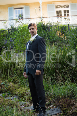 Portrait of handsome bride standing by plants in park