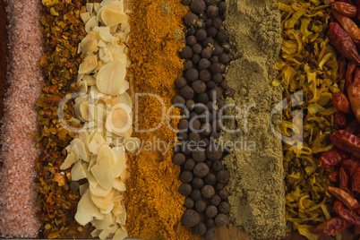 Various spices arranged in row