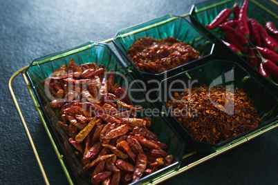 Dried red chili pepper, red chili and crushed red pepper in bowl