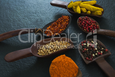 Various spices in wooden scoop