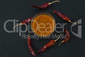 Dried red chili pepper with bowl of sauce