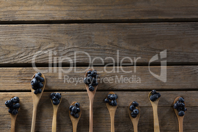 Blueberries in wooden spoon arranged on table