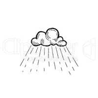 Rain icon. Hand drawn cloud with rain droplets. Weather label