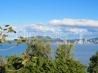 View from city to seaside, with forest in the foreground