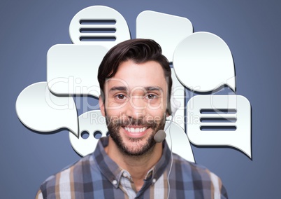 Customer care service man with chat bubbles