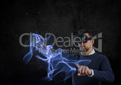 man using vr headset pointing