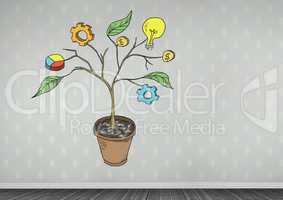 Drawing of Business graphics on plant branches on wall