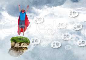 Young child superhero on floating rock platform  in sky with cog clouds graphics
