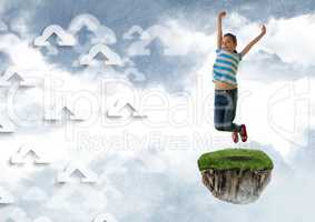 Young Girl on floating rock platform  in sky jumping with clouds graphics