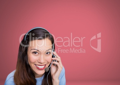 Customer care service woman with red background