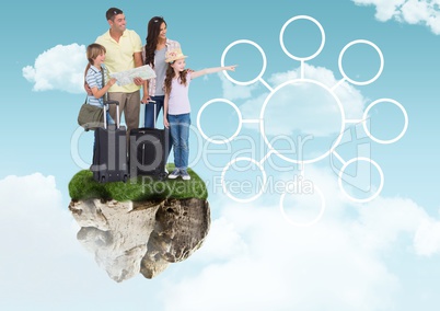 Holiday Family on floating rock platform  in sky with connectors mind map interface