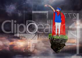 Young Girl superhero on floating rock platform  in sky with interface