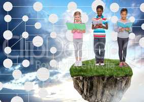 Young kids on floating rock platform  in sky reading books with connectors mind map interface
