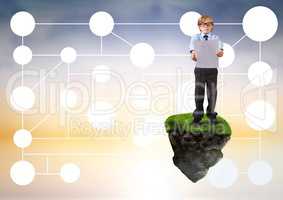 Young boy on floating rock platform  in sky holding card with connectors interface mind map