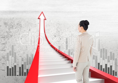 businesswoman walking on red arrow stairs