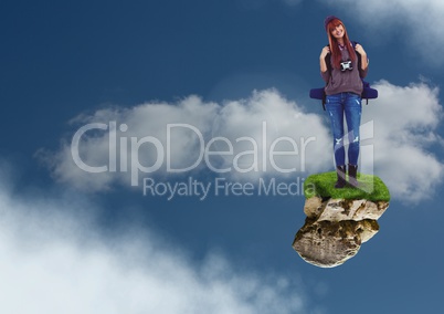 Hiking adventurer woman with rucksack on floating rock platform in sky