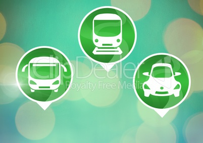 transport icons with green sparkling bokeh background