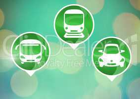 transport icons with green sparkling bokeh background