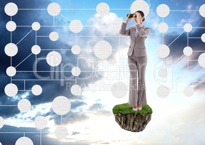 Businesswoman with binoculars on floating rock platform with interface mind map in sky