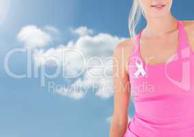 Breast cancer woman with sky clouds background