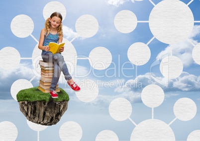 Young Girl on floating rock platform  in sky reading books with mind map connectors interface