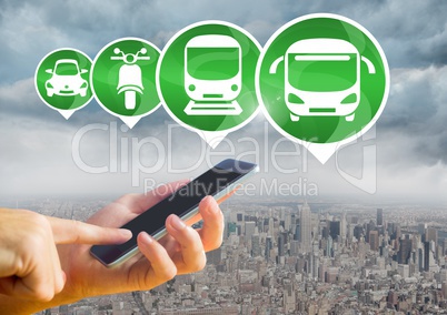 Transport Icons and device_Transport Icons and hand holding phone in city