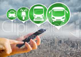 Transport Icons and device_Transport Icons and hand holding phone in city