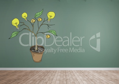 Drawing of Money and idea graphics on plant branches on wall